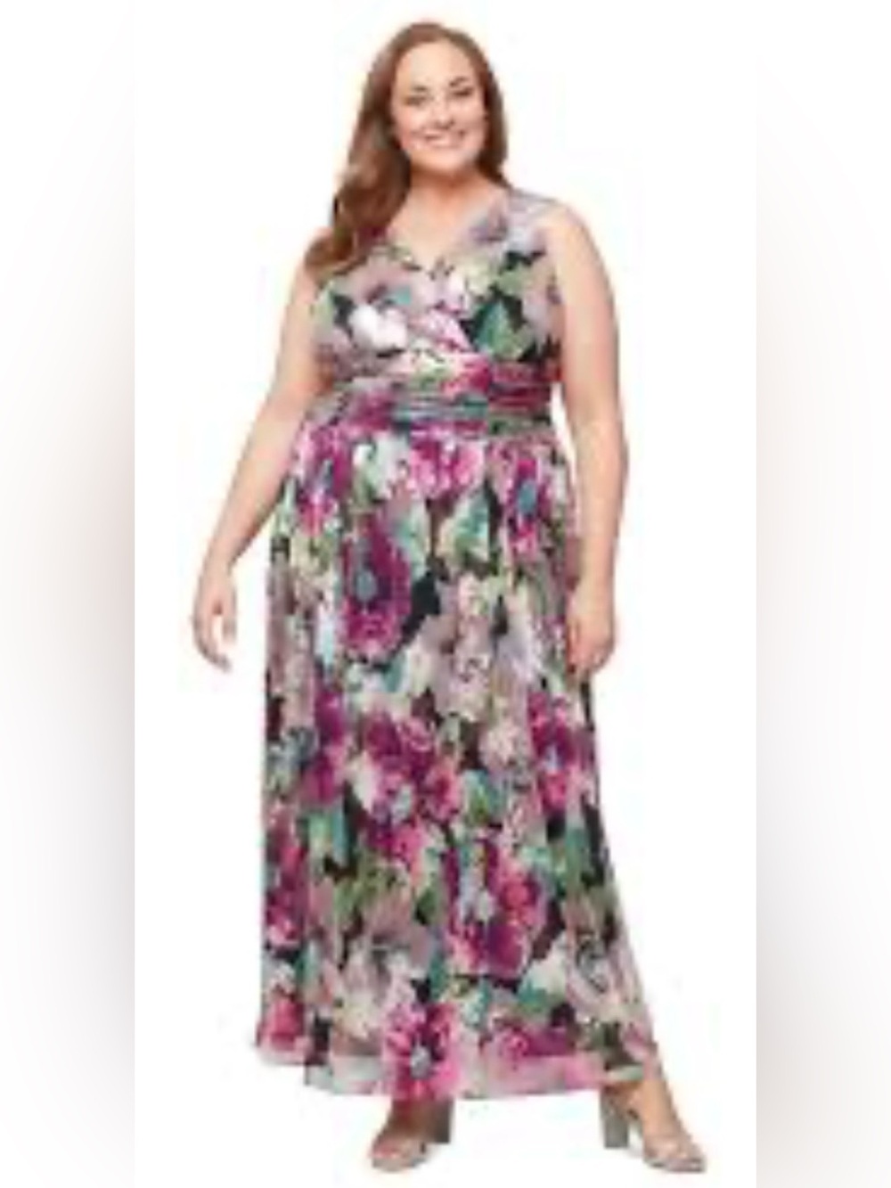 NWT SLNY Metallic Foil Floral Gown Sleeveless Maxi Dress Size 14W